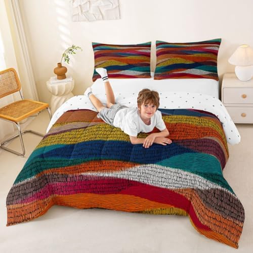 Castle Fairy Rainbow Embroidered Waves Boys Girls Comforter Set Full Size,Bohemian Wavy Duvet Set Teens Bedroom Decor,Geometric Tribal Ethnic Microfiber Soft Bedding 3PCS