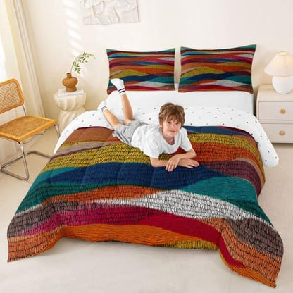 Castle Fairy Rainbow Embroidered Waves Boys Girls Comforter Set Full Size,Bohemian Wavy Duvet Set Teens Bedroom Decor,Geometric Tribal Ethnic Microfiber Soft Bedding 3PCS