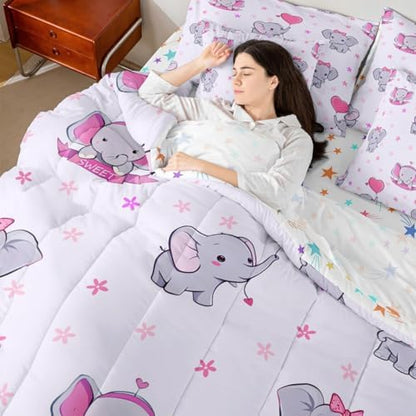 Erosebridal Girls Elephant 7 Piece Comforter Set Twin | Cute Elephant Cartoon Animals Bedding Set for Kids Nursery Bedroom Pink Heart Shaped Comforter with Sheets Kawaii Wildlife Floral Duvet Insert
