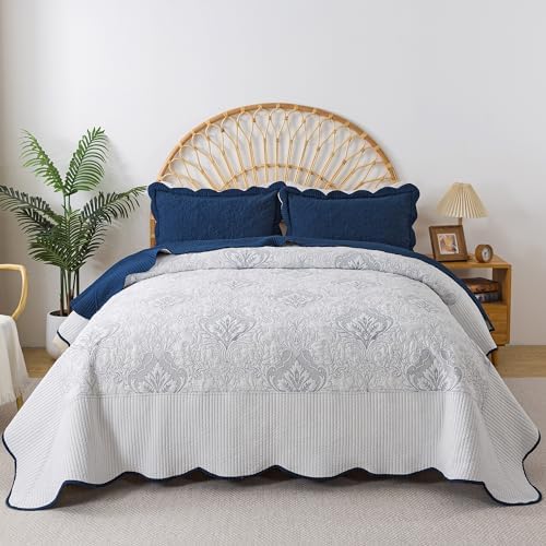 HoneiLife California King Quilt - Oversized King Bedspreads 128x120, 4-Piece Cal King Quilt Sets,Rustic Bedding Sets King Size,Reversible Coverlets Lightweight Bed Cover for All Season Use-Navy