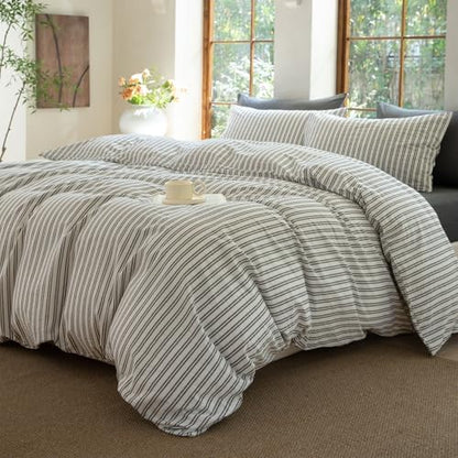 Striped Duvet Cover Set Full Size 3 Piece 100% Washed Cotton Linen Feel Bedding Comfy Breathable Modern Farmhouse (Full, Double Stripe-White/Black)