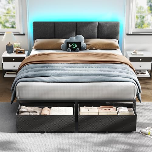 Furnulem Queen Bed Frame with Adjustable Headboard and Storage Drawers