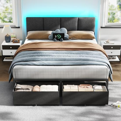Furnulem Queen Bed Frame with Adjustable Headboard and Storage Drawers