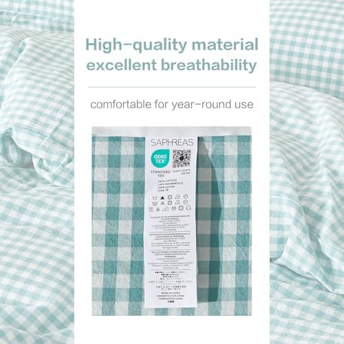 SAPHREAS Gingham Duvet Cover Set King Size, 100% Washed Cotton Linen Like Plaid Comforter Cover with Zipper Closure & Corner Ties (No Comforter), 104x90 Teal