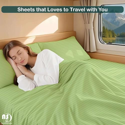 Cotton Bed Sheets 4 Piece Set 400 Thread Count 100% Extra Long Staple Luxurious & Hypoallergenic Bedding Hotel & Home Collection Deep Pocket 10-18 inches (Short Queen, Sage Stripe)