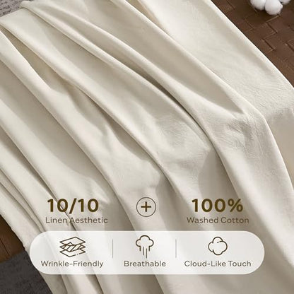 JELLYMONI 100% Washed Cotton Oat Milk Duvet Cover Queen, Linen-Like