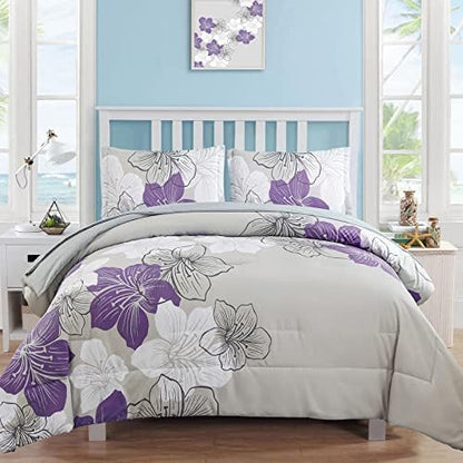 Purple Comforter Set Queen Size, Purple Floral Pattern Printed on Light Grey, Soft Microfiber 7 Pieces Bed in a Bag (1 Comforter, 2 Pillow Shams, 1 Flat Sheet, 1 Fitted Sheet, 2 Pillowcases)