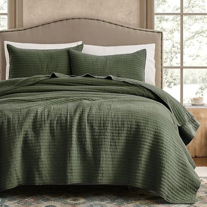 WDCOZY 100% Cotton Queen Size Quilt Set, Channel Pick Stitch, Olive Green