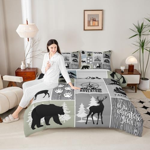 Rustic Farmhouse Cabin Kids Comforter Set King Size,Deer Bear Hunting Adventure Bedding Set for Boys Girls Adults Room Decor,Geometric Plaids Down Comforter,Gray Green Duvet Insert,2 Pillowcases