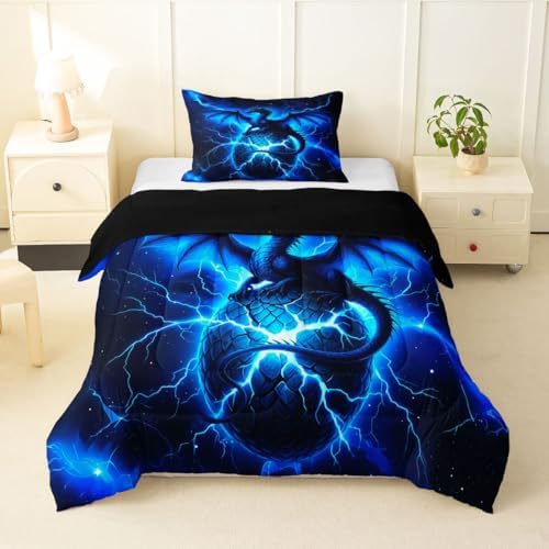Feelyou Dragon Kids Comforter Set Toddler Size Chic Outer Space Starry Sky Bedding Set ungle Animals Dragon Duvet Quilt for Kids Boys Girls Bedroom Black Blue Decor Microfiber Ultra Soft Breathable