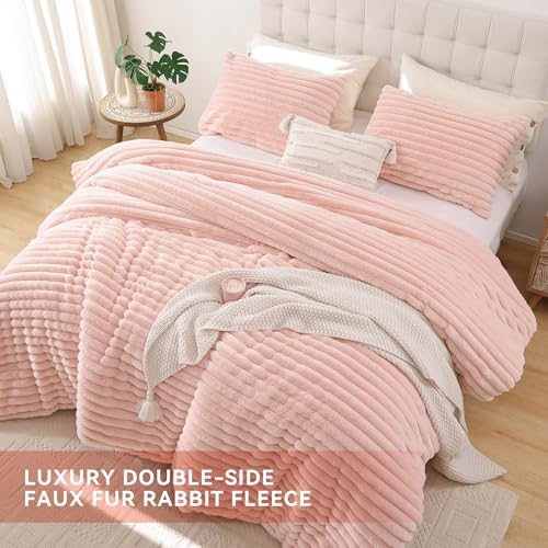 Smoofy Fluffy King Size Comforter 3 PCS - Blush Pink Fleece Bedding Set