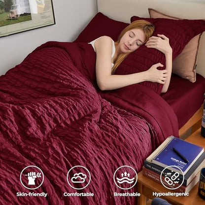 HYMOKEGE Burgundy Twin Comforter Set Seersucker 5 Pieces, All Season Luxury Bed in a Bag for Bedroom, Bedding Set with Comforters, Sheets, Pillowcase & Sham