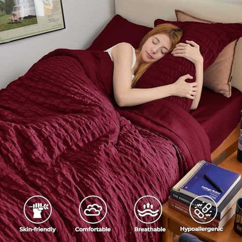 HYMOKEGE Burgundy Twin XL Comforter Set Seersucker 5 Pieces, All Season Luxury Bed in a Bag for Bedroom, Bedding Set with Comforter, Sheets, Pillowcase & Sham