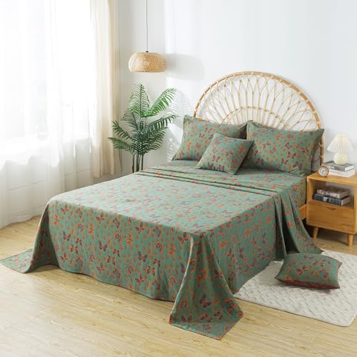 FADFAY Butterfly Sheets Set King Vintage Green Red Floral Bedding Shabby Farmhouse Bedding Super Soft Washed Double -Layer Muslin Sheets 100% Cotton Deep Pocket Fitted Sheet 4Pcs, King Size