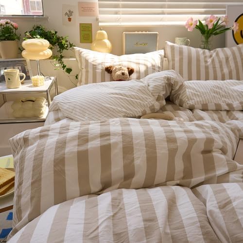 LifeTB Vintage Striped Comforter Set Queen, 3 Piece Brown White Stripes Pattern Printed Comforter with 2 Pillowcases, Soft Breathable Khaki Striped Bedding Comforter Farmhouse Queen Comforter Set