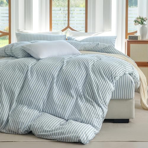 Blue Striped Duvet Cover Set King Size 100% Washed Cotton Linen Feel Bedding Set Comfy Breathable