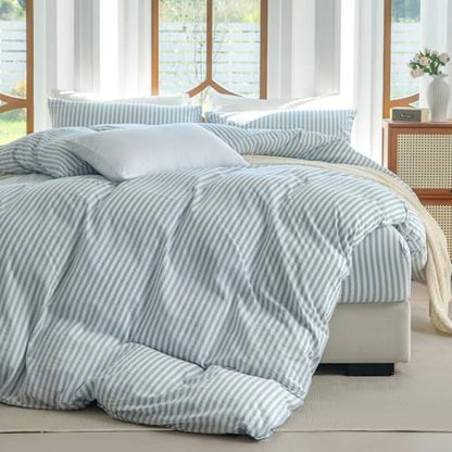 Blue Striped Duvet Cover Set King Size 100% Washed Cotton Linen Feel Bedding Set Comfy Breathable