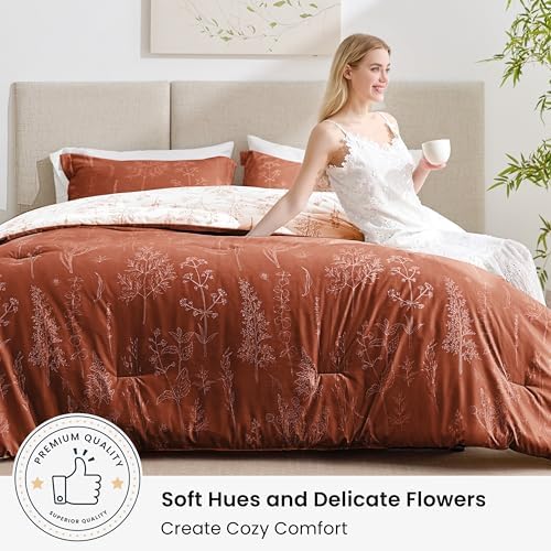 Love's cabin Terracotta Twin Comforter Set - Twin XL Size Comforter Set Dorm Bedding, 2 Pieces Cute Floral Bedding, Soft Reversible Flowers Comforter, 1 Comforter & 1 Pillow Sham