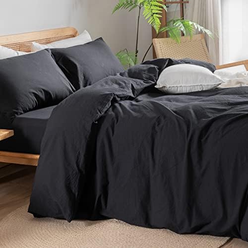 BESTOUCH Cotton Solid Duvet Cover Set Linen Feel Deep Black Queen