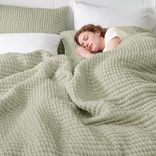 Wonderful 3PC Queen Size Textured Quilt Set - All Season Crinkle Voile Coverlet, Soft Puckered Grid Faux Hand-Quilted Bedspread, Lightweight Wrinkle-Resistant Sage Green Bedding with 2 Shams, 88"x88"