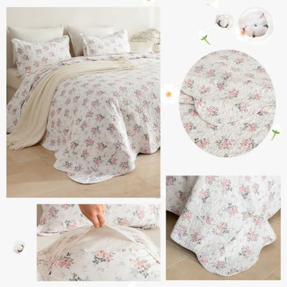 Lady Ann Cotton Floral Quilt Set, Blush Pink Rose Pattern Printed Queen Bedding Set, 3 Pcs Lightweight Scalloped Edge Ultra Soft Bedspread & Coverlet for All Season