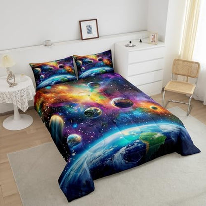Feelyou Universe Galaxy Comforter Set Queen Size Kids Planets Earth Bedding Set Boy Girl Teen Solar System Comforter Breathable Outer Space Duvet Set Nebula Quilt Set
