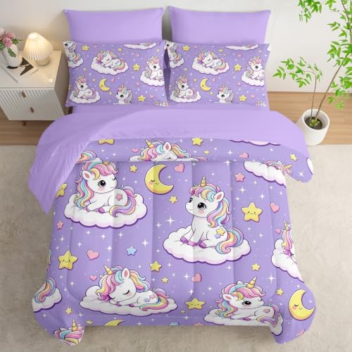 HOSIMA Cute Unicorn Bed in a Bag Twin 7 Piece Bedding Set for Kids Girls.