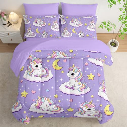 HOSIMA Cute Unicorn Bed in a Bag Twin 7 Piece Bedding Set for Kids Girls.