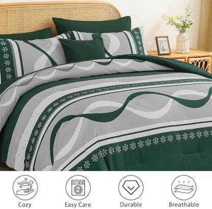 Anibedding Dark Green Comforter Set King,8 Pieces Striped Bed in a Bag