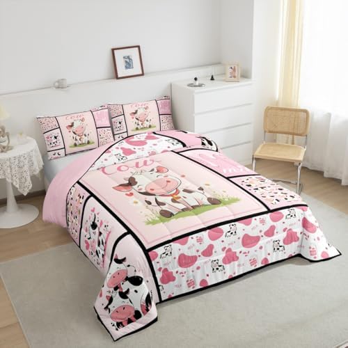 Kawaii Cute Cow Print Comforter Set - King Size Pink Milk Cow Bedding for Boys & Girls - Farmhouse Animal Decor Duvet Insert & Plaid Stripe Quilt