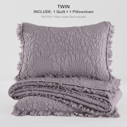 HORIMOTE HOME Shabby Chic Ruffled Quilt Twin Size, Grey Purple Stone-Washed Microfiber Lightweight Crinkled Farmhouse Rustic Bedding Set, 2 Pieces Reversible Bedspread with Pillow Sham for All Season
