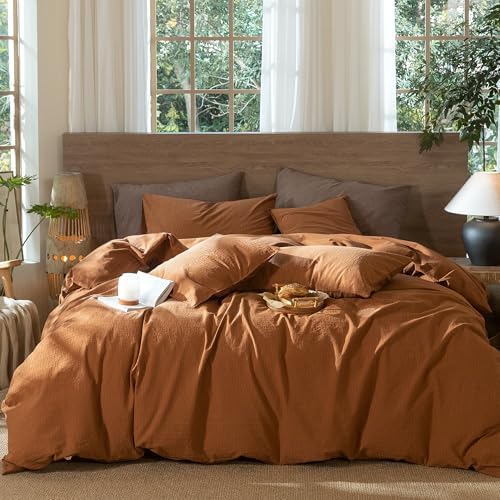 MooMee Wavy Striped Duvet Cover Set 100% Washed Cotton Linen Like Textured Breathable Durable Soft Comfy (Dark Orange, Queen 90"x90")