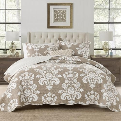 Queen Size Quilt Set - 100% Cotton Taupe and White Quilts, 90x98