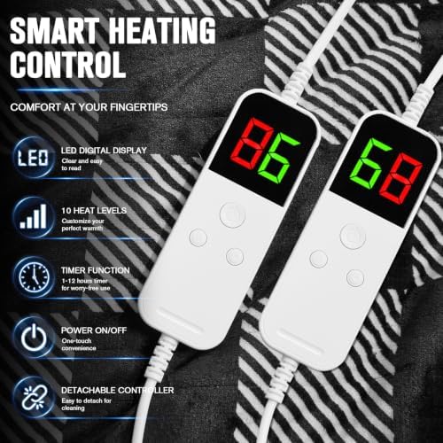 Black Electric Blanket Heated King Size 90"X100" Dual Control, Diagonal
