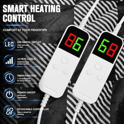 Black Electric Blanket Heated King Size 90"X100" Dual Control, Diagonal