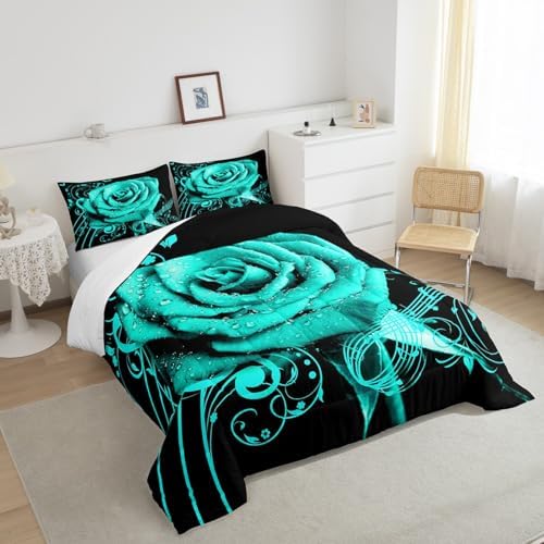 Feelyou Teal Rose Floral Comforter Set Full Size Boys Girls Teens
