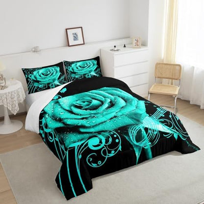 Feelyou Teal Rose Floral Comforter Set Queen Size