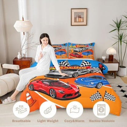 Feelyou Boys Race Car Comforter Set All Season Sports Racing Car Bedding Set with 2 Pillow Cases Extreme Sports Microfiber Kids Full Bedclothes Bedroom Decor Duvet Quilt Breathable Soft Lightweight
