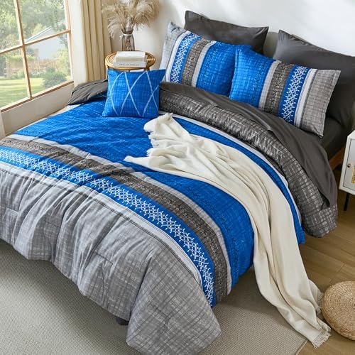 Dintszyayue Blue King Comforter Size Set, 8 Pieces Striped Boho Texture Bed in a Bag Sets, Lightweight Soft Bohemian Comforter and Sheet Set, All Season Microfiber Bedding Sets for Men Women