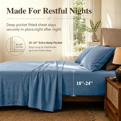 MEISHANG 100% French Linen Sheets Queen,4 Pcs,18-24" Extra Deep Pocket