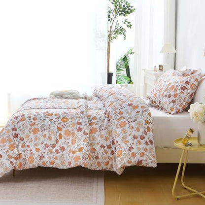 Mooreeke Floral Queen Size Comforter Sets, Orange and Red Vintage Floral Patterned Bedding for All Seasons, 3-Piece Vintage Bed in a Bag with Fluffy Quilted Reversible Comforter & 2 Pillow Shams