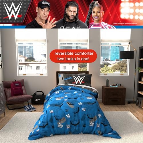 WWE Wrestling Bedding Set, Twin Size 5 Piece Set Super Soft Cozy Reversible Comforter and Sheet Set with Sham, (100% Officially Licensed Product) by Franco