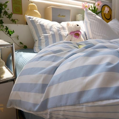 VM VOUGEMARKET Blue Striped Duvet Cover Twin Size Kids Boys Simple Bedding Set Blue White Stripes Duvet Cover with 2 Pillowcases Soft Lightweight Microfiber Farmhouse Comforter Cover-68 x86