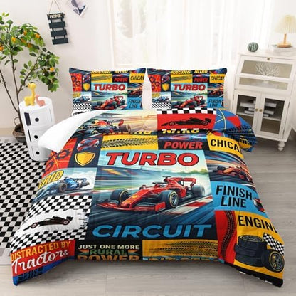AILONEN Formula Racing Bedding 3 Piece Ensemble Sport Graphic Printed Microfiber Comforter Hidden Stitching Master Guest Room Bedspread