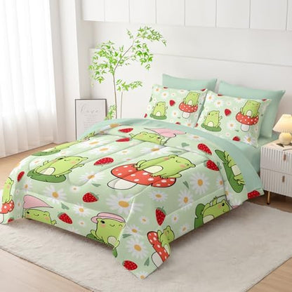 AILONEN Kawaii Frog Comforter Set Queen 7-Piece Bed in a Bag,Green Cute Frog Bedding Set for Kids Boys Girls,Soft Comforter & Fitted Sheet with Flat Sheet,2 Pillowcases,2 Pillow Shams