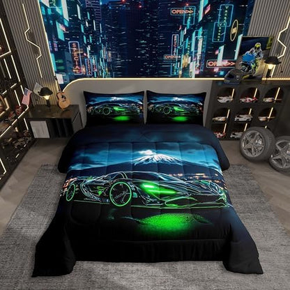 Green Race Car Twin Comforter Set for Boys,3D Emerald Green Racing Car Bedding for Kids Teen,Cool Speed Cars Down Comforter for Men Adults Extreme Sports Gaming Quilt Bed Set Lightweight Duvet Insert
