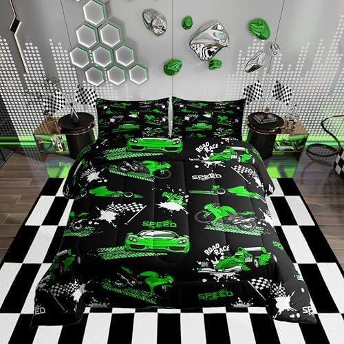Erosebridal Boys Race Car Comforter Set Blue Green Racing Car Bedding Set Twin Size,Speed Sports Car Comforter Extreme Sports Duvet Insert for Kids Girls Teens Cool Dirt Bike Motocross Quilt