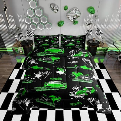 Erosebridal Boys Race Car Comforter Set Blue Green Racing Car Bedding Set Toddler Size,Speed Sports Car Comforter Extreme Sports Duvet Insert for Kids Girls Teens Cool Dirt Bike Motocross Quilt