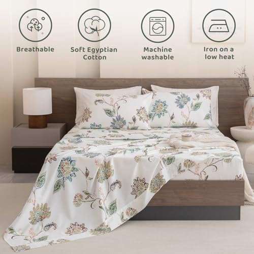QSH Floral Bed Sheets Queen Size - 100% Egyptian Cotton Sheets Elegant Botanical Leaves Flower Pattern Printed Bedding Sheets Queen Size Bed Extra Soft and Breathable 4pcs Deep Pockets Bed Sheets