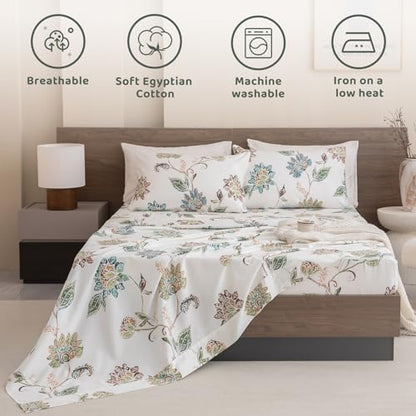 QSH Floral Bed Sheets Queen Size - 100% Egyptian Cotton Sheets Elegant Botanical Leaves Flower Pattern Printed Bedding Sheets Queen Size Bed Extra Soft and Breathable 4pcs Deep Pockets Bed Sheets